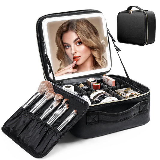 Travel Makeup Bag with LED Mirror – Portable Train Case with Adjustable Dividers