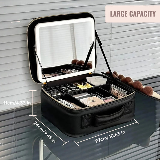 Travel Makeup Bag with LED Mirror – Portable Train Case with Adjustable Dividers